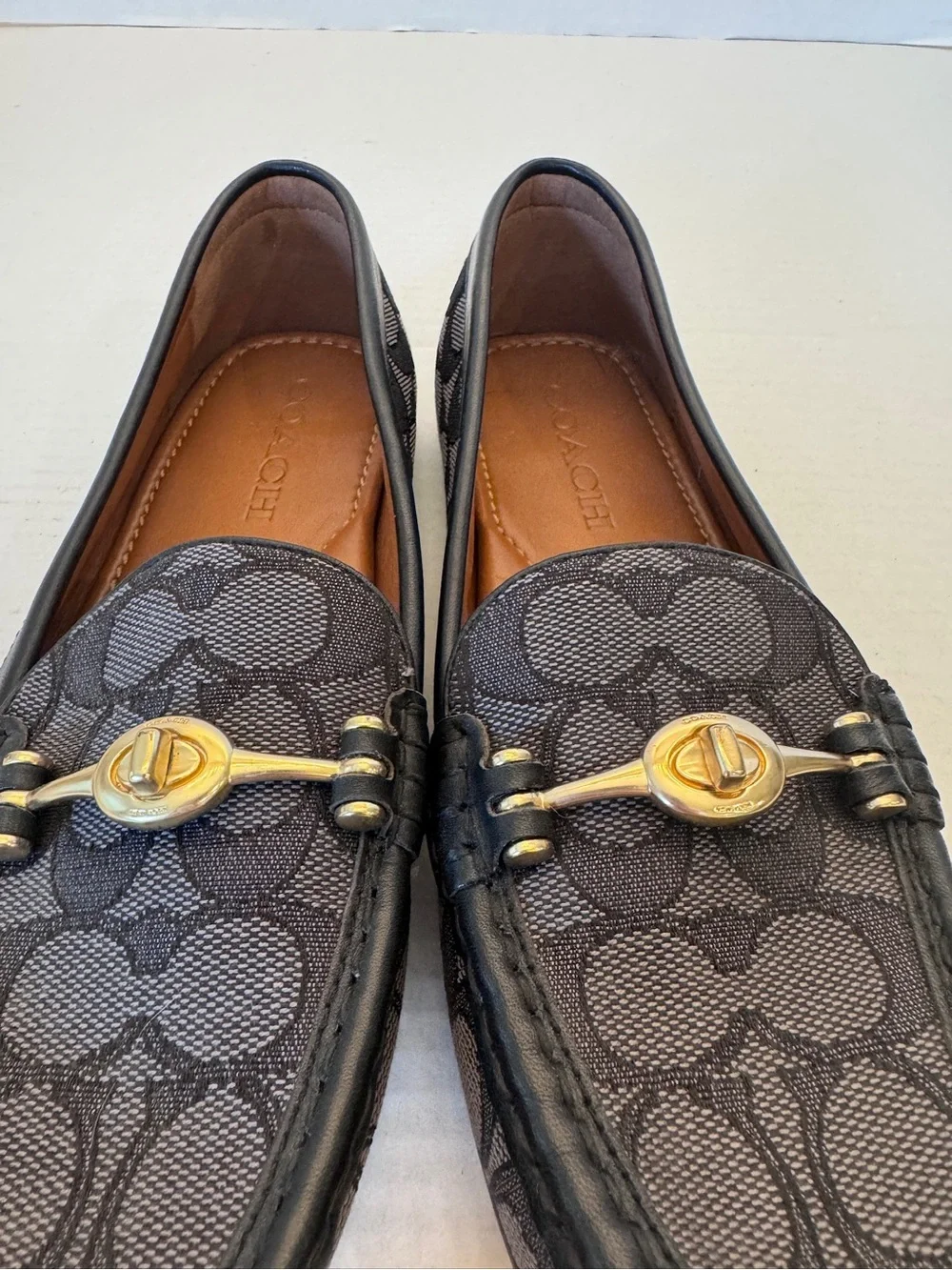 Coach Crosby Driver Loafers Signature Jacquard Turnlock Black Grey Shoes Size 7B